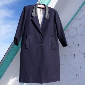 90s Hunter's Run navy wool car coat with black leather collar